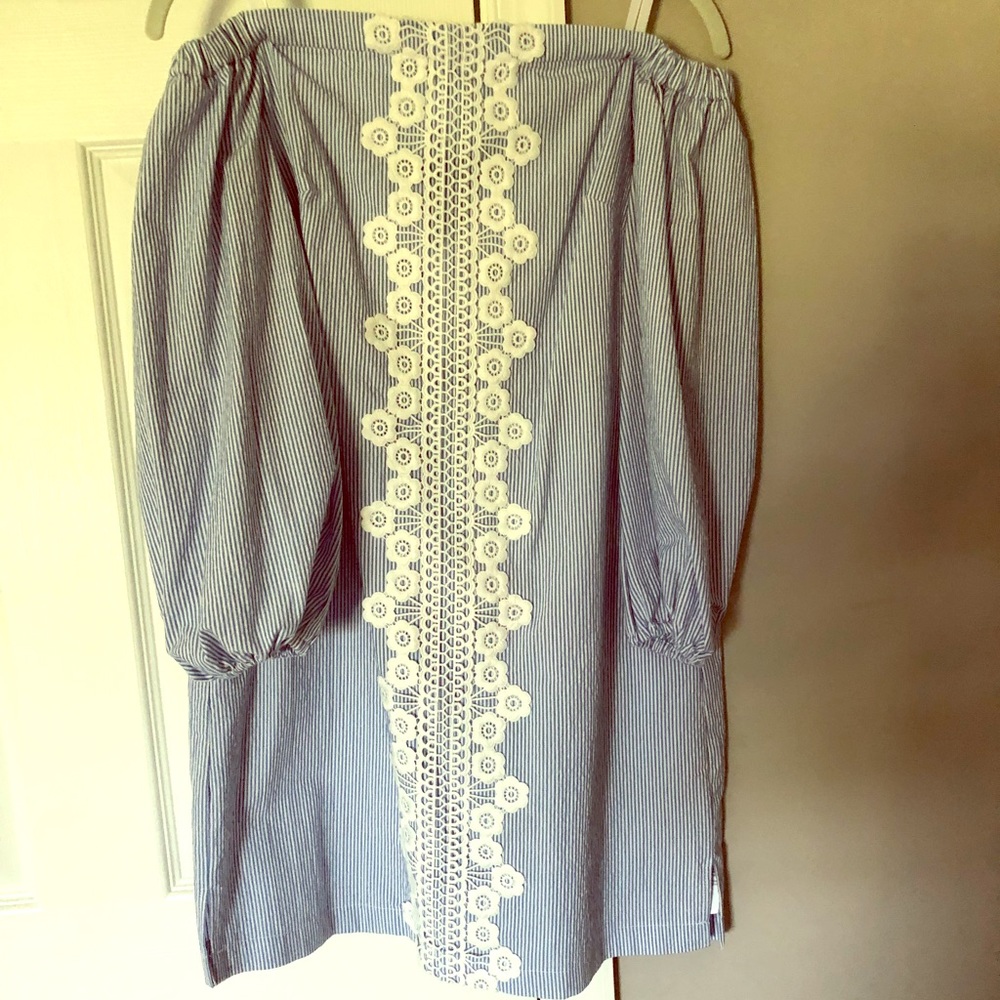 Eliza J petite seersucker off the shoulder dress